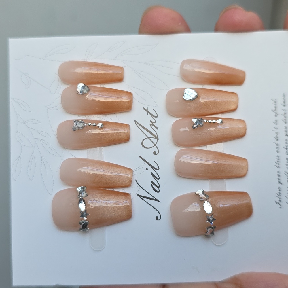 Elegant Tan Nail Art Set with Silver Accents